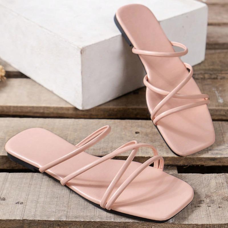 

Fashion Summer Flat Sandals for Women Square Head Open Toe Cross Thin with Soft Sole Non-slip Wear Resistant Beach Flip-flops 36
