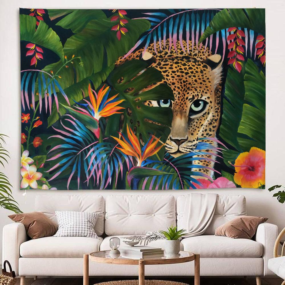 Tropical plant and animal tapestry, leopard wall hanging, Bohemian hippie Tapiz, bedroom, living room, home decoration