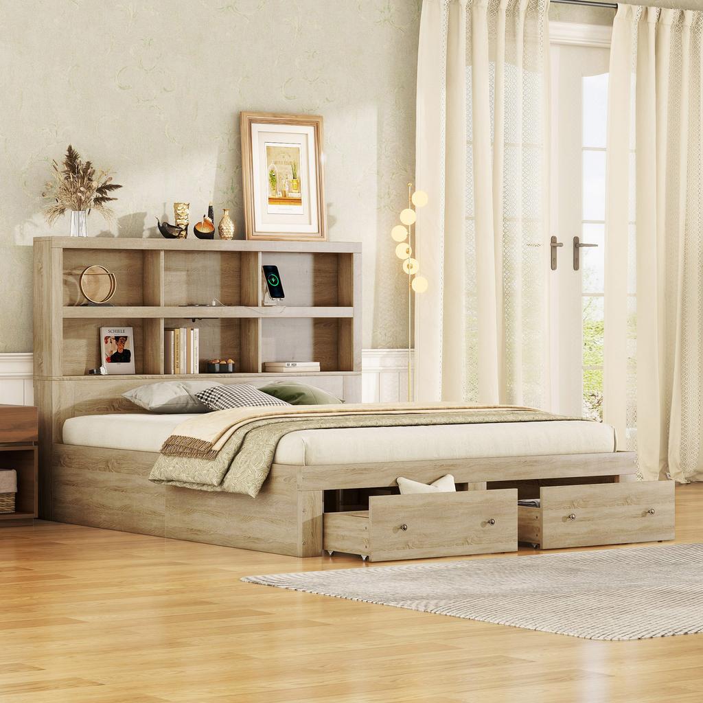 160*200cm Double Bed, Chipboard, King Size Platform Bed with Two Drawers at the Foot of the Bed, Headboard with Storage, Natural