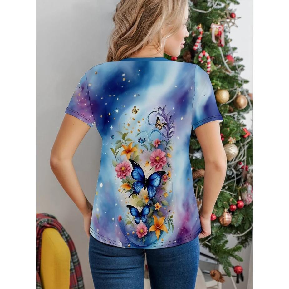 Damski T-shirt Wzór Motyla i Kwiatów Nadruk - Wygodny Krótki Rękaw Okrągły Dekolt Moda Druk 3D