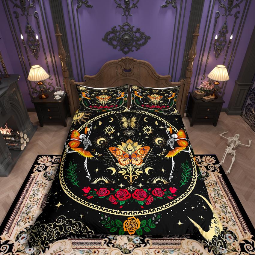 Homewish Gothic Theme Duvet Cover SetSpooky Halloween Comforter Cover SetBlack Crown Birds Bed Set For Boys Teens