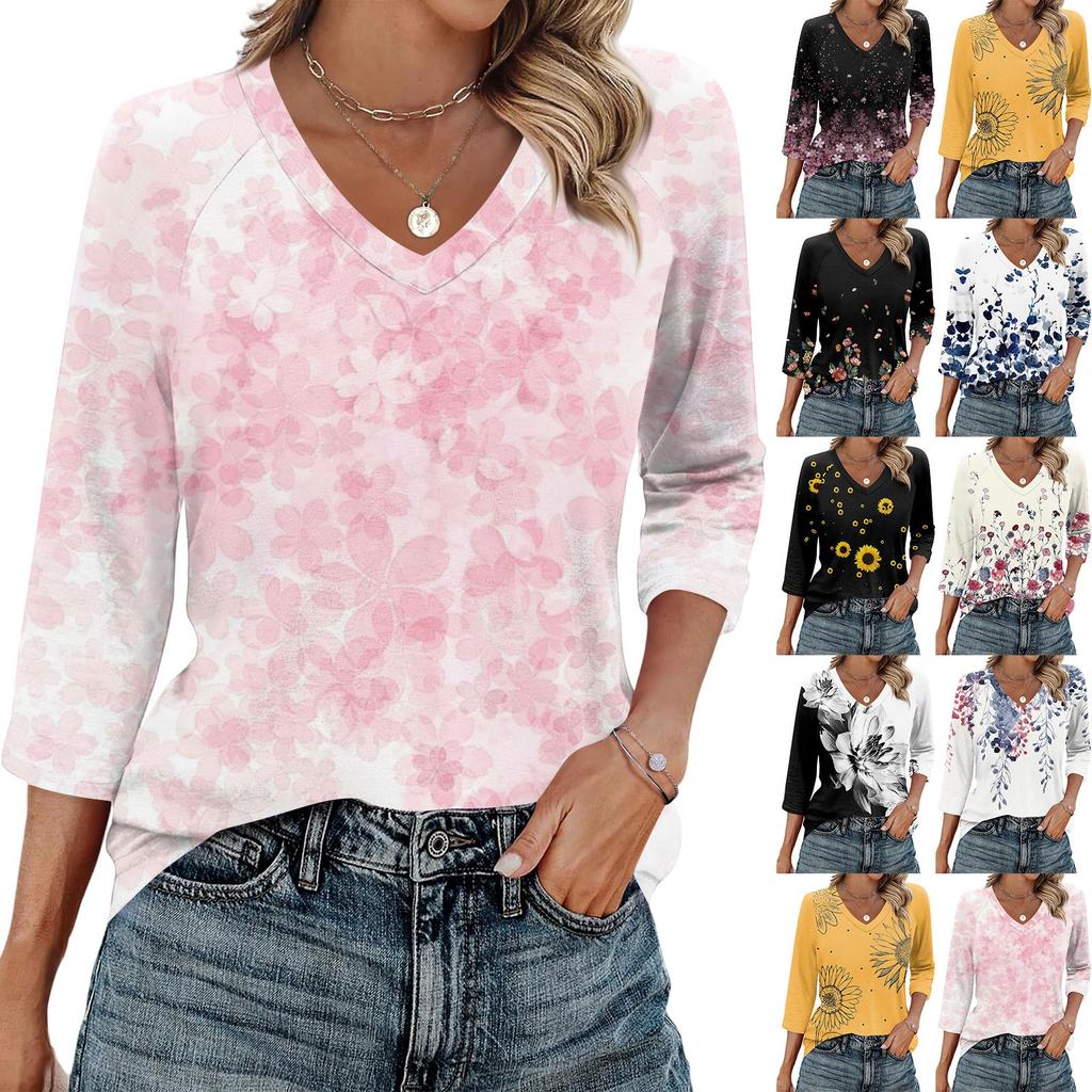 Women's V Neck 3/4 Sleeve Tops Casual T Shirts Basic Summer Tees Loose Fit Fall Pullover Tunic