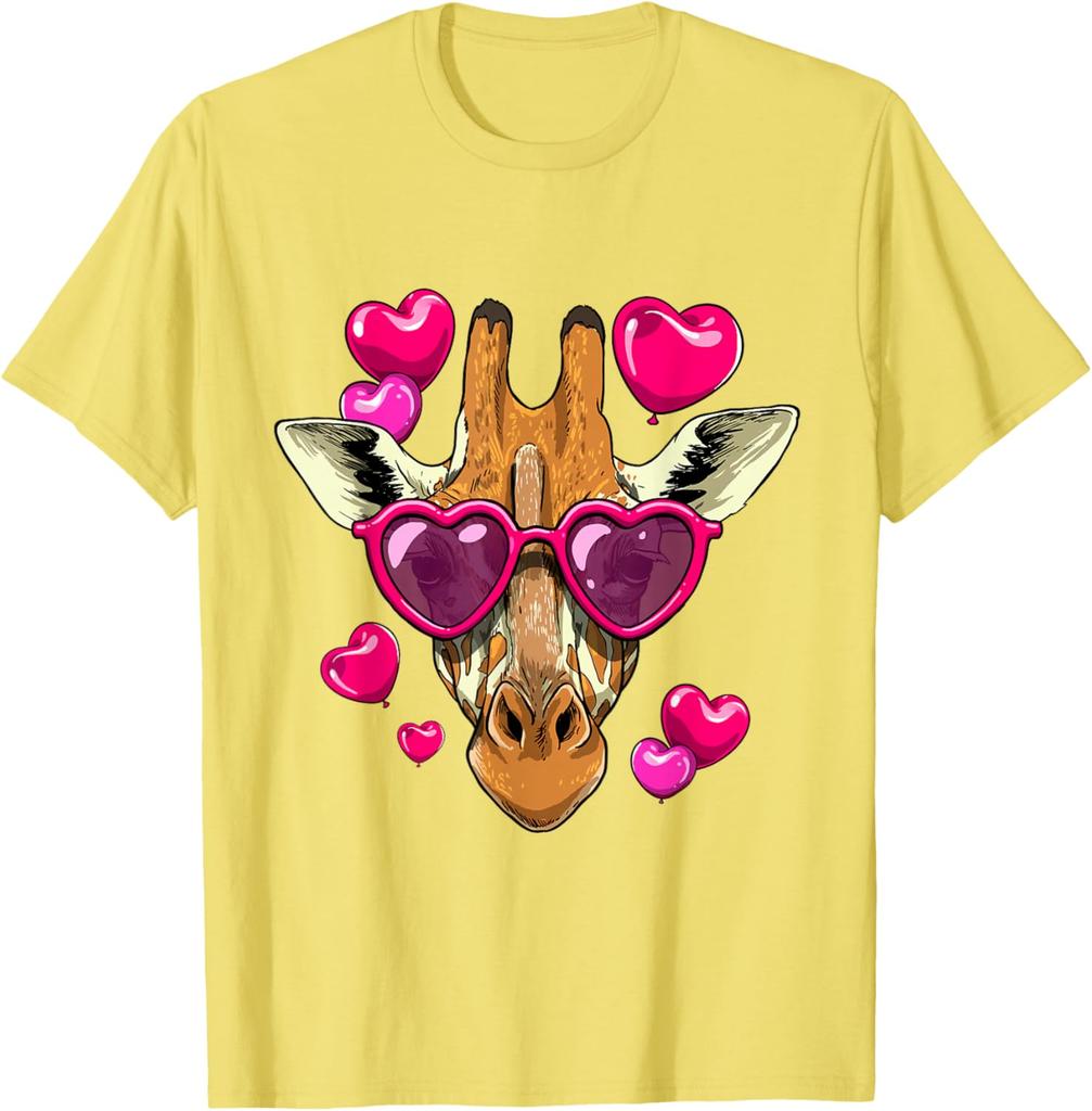 Giraffe Heart Sunglasses Valentines Day Funny Animal Graphic Tee Short Sleeve Casual Crewneck T-Shirt