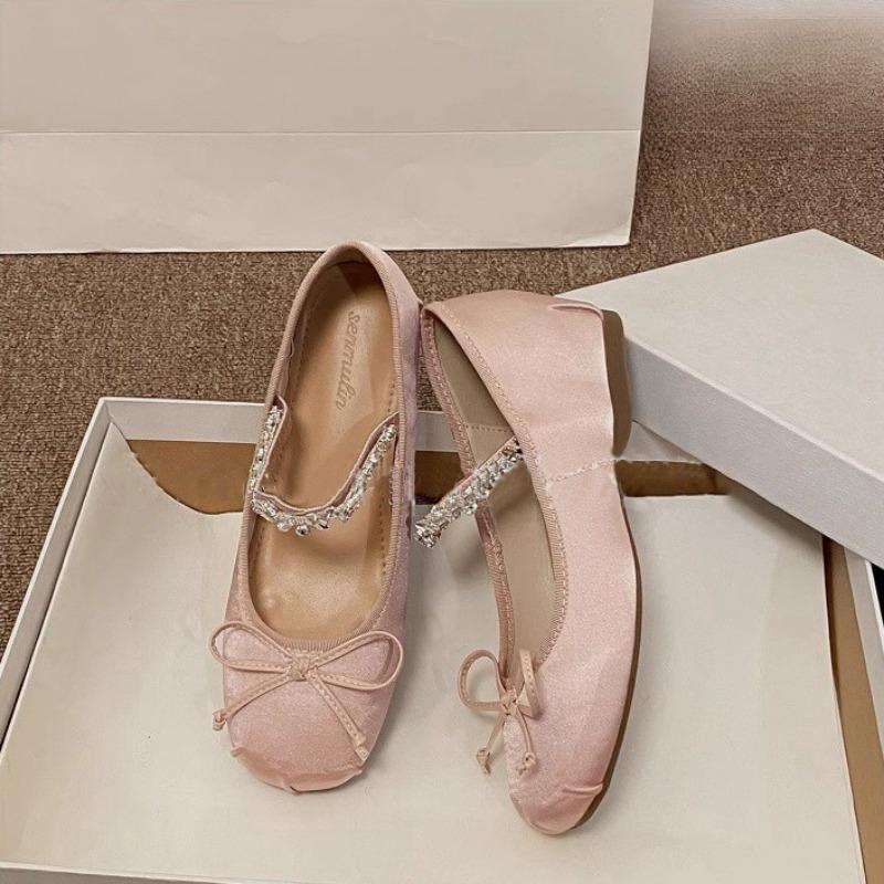 Sheepskin version small man inner height increase 5cm ballet shoes women's spring and autumn rhinestone bow light mouth satin shoes