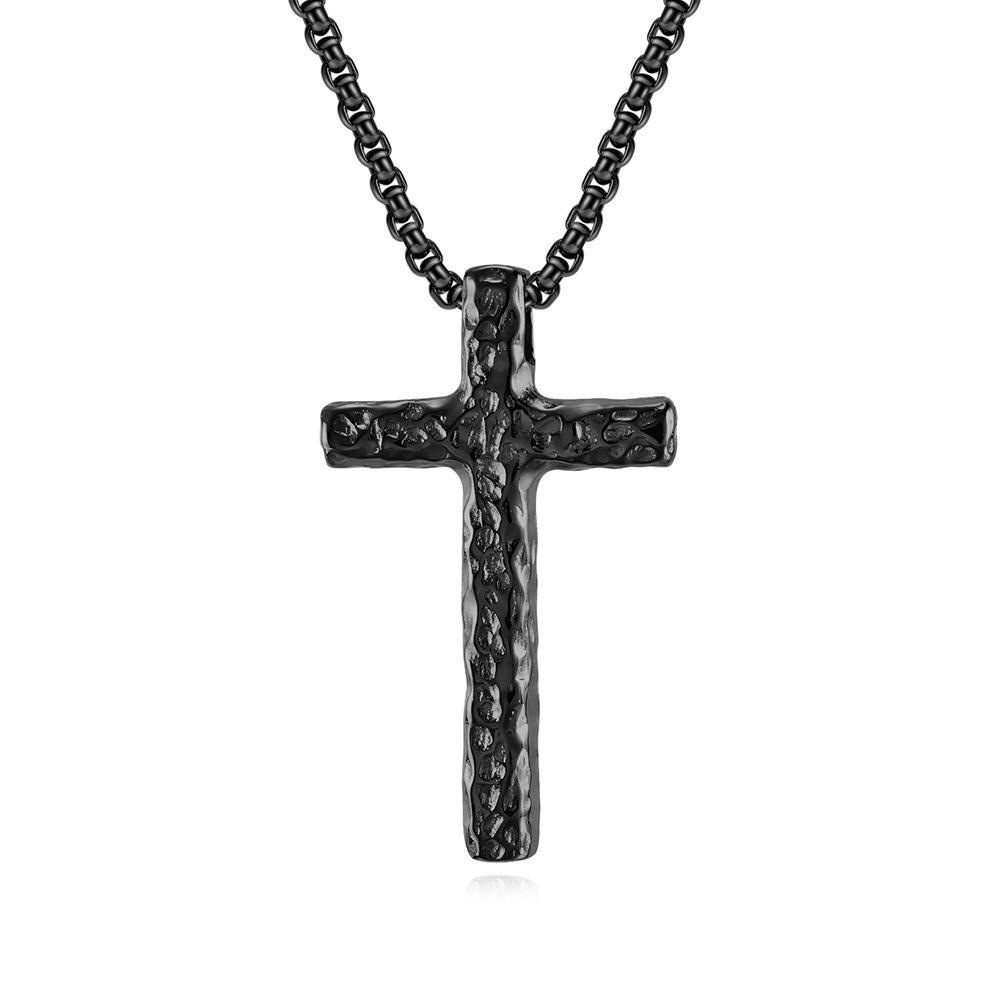 Vintage Distressed Titanium Steel Cross Necklace with Hammered Pattern
