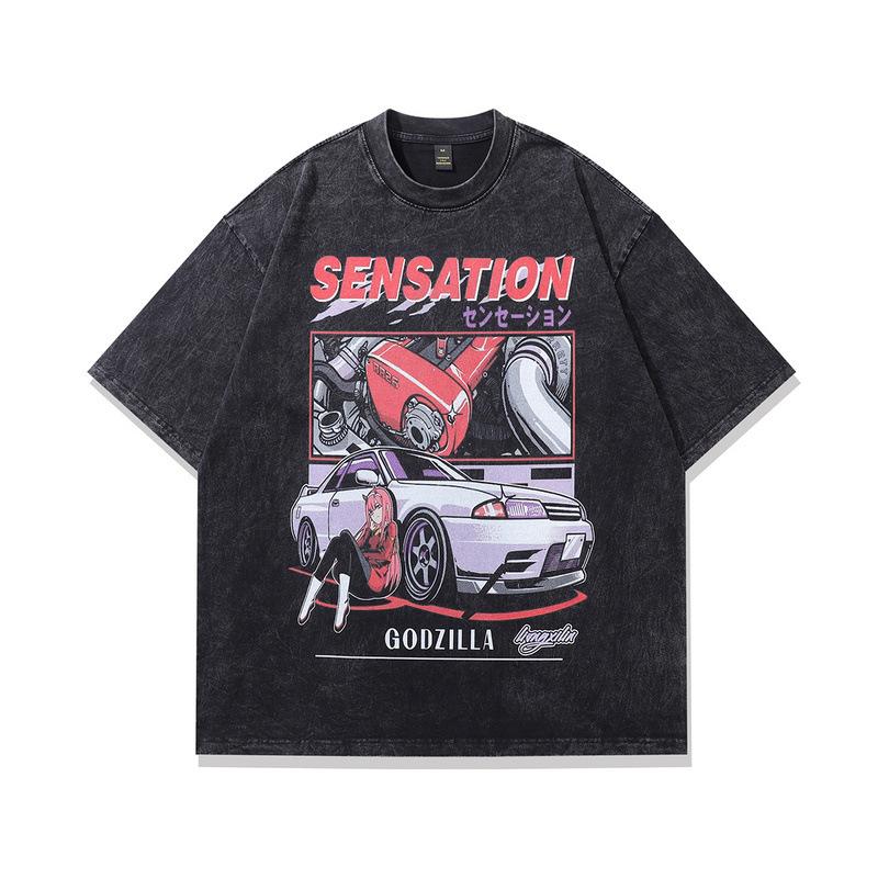 American Retro Trendy Brand T-Shirt Y2K Cartoon Printing Heavy Cotton Washed Short-Sleeved T-Shirt Men And Women Trendy