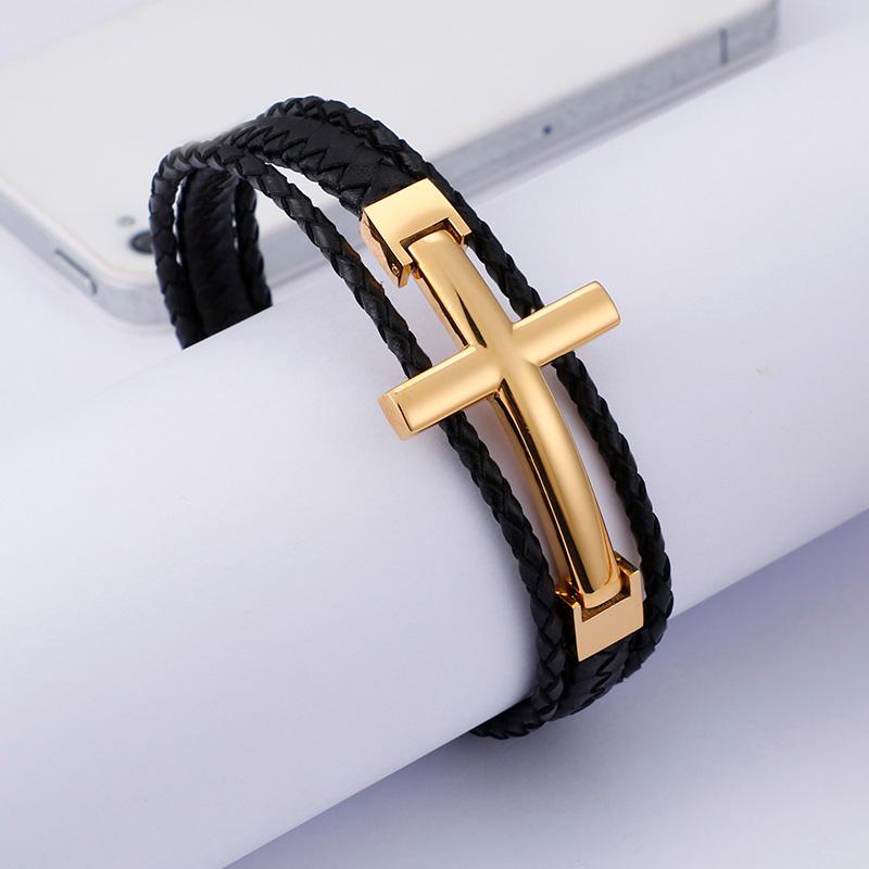 Triple Layered Cowhide Leather Bracelet Men Stainless Steel 22cm Cross Charm Armband Male Fashion Jewelry 2020
