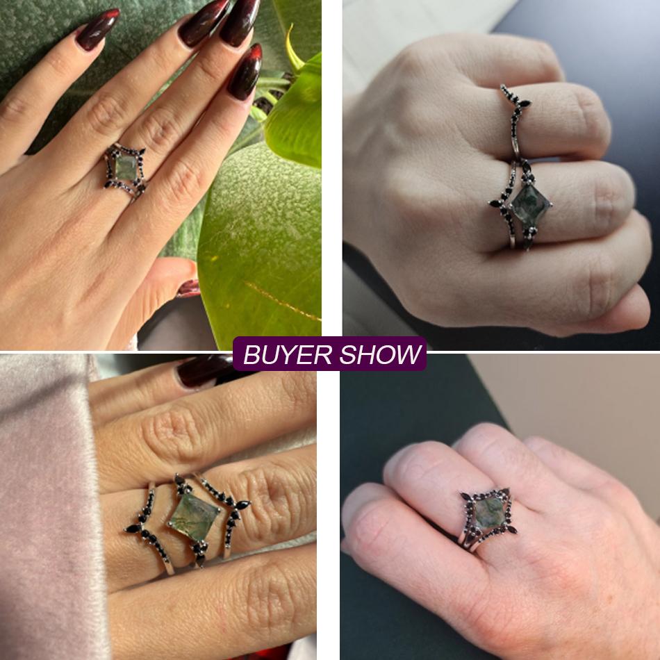 WES CopperCrown Moss Agate Leaf Ring Sets for Women Mom Crystal Natural Gem Anniversary Jewelry Gift