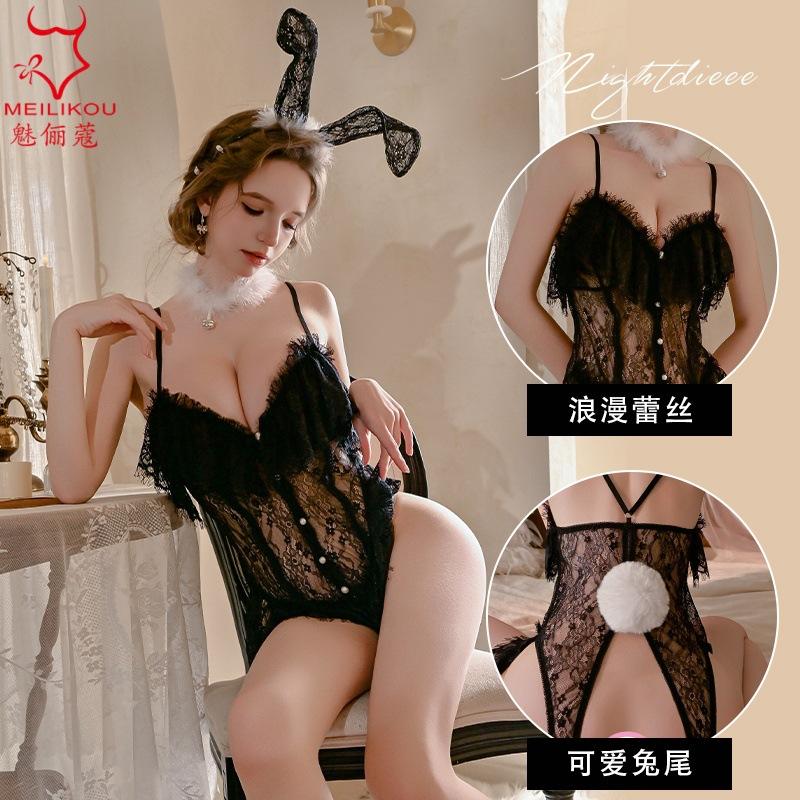 Sexy pajamas women's French spring and autumn models, high-end lace free suspender one-piece underwear bunny girl set