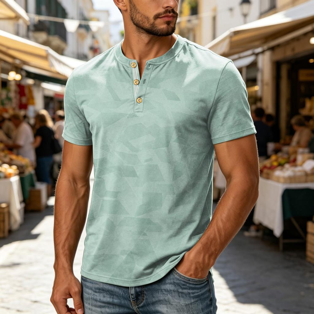 Men's Short Sleeve Henley Shirt Casual Button Placket Top Lightweight Breathable Summer T-Shirt Slim Fit Soft Fabric