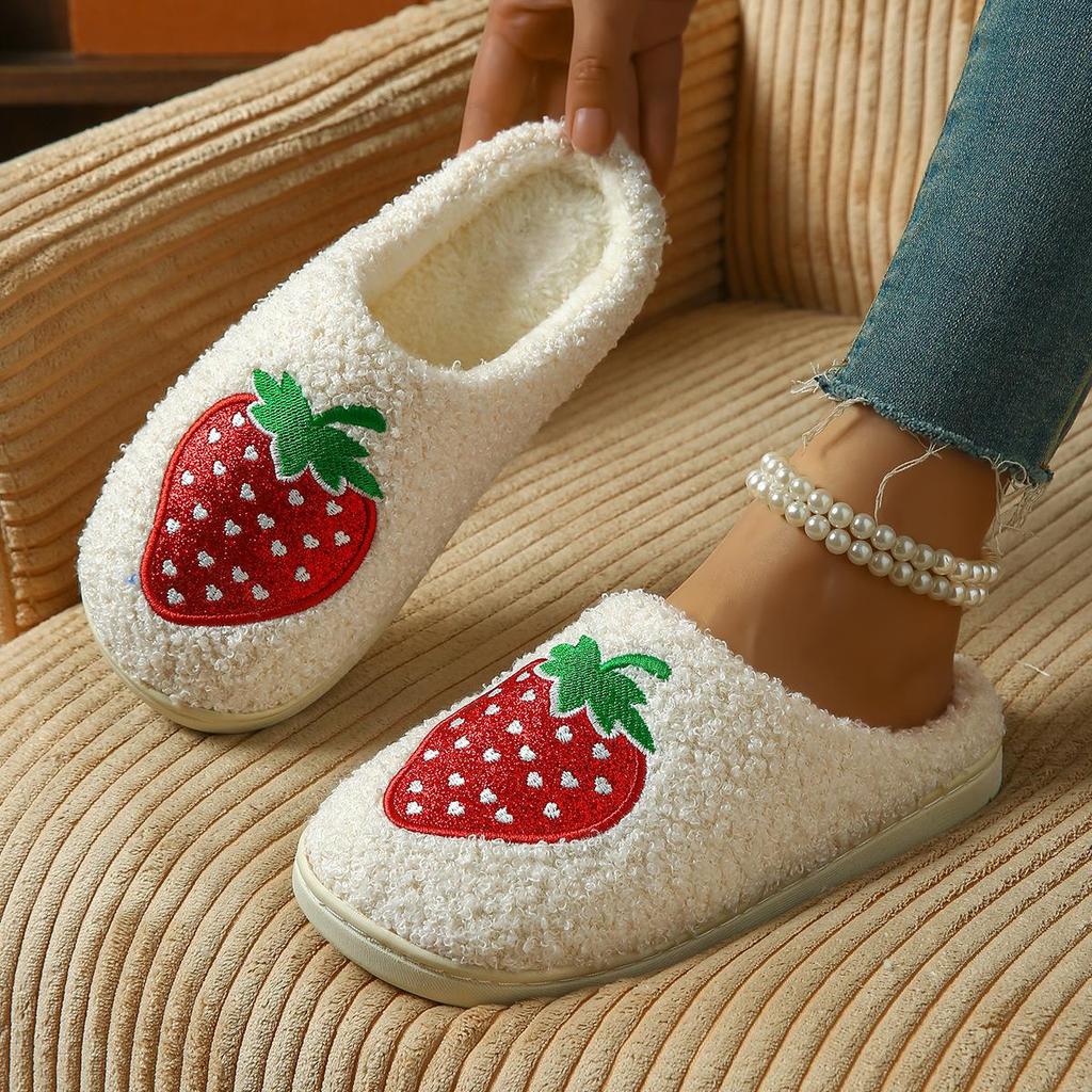 Comfy Strawberry Winter Cotton Slippers for Couples - Non-Slip, Thick Sole