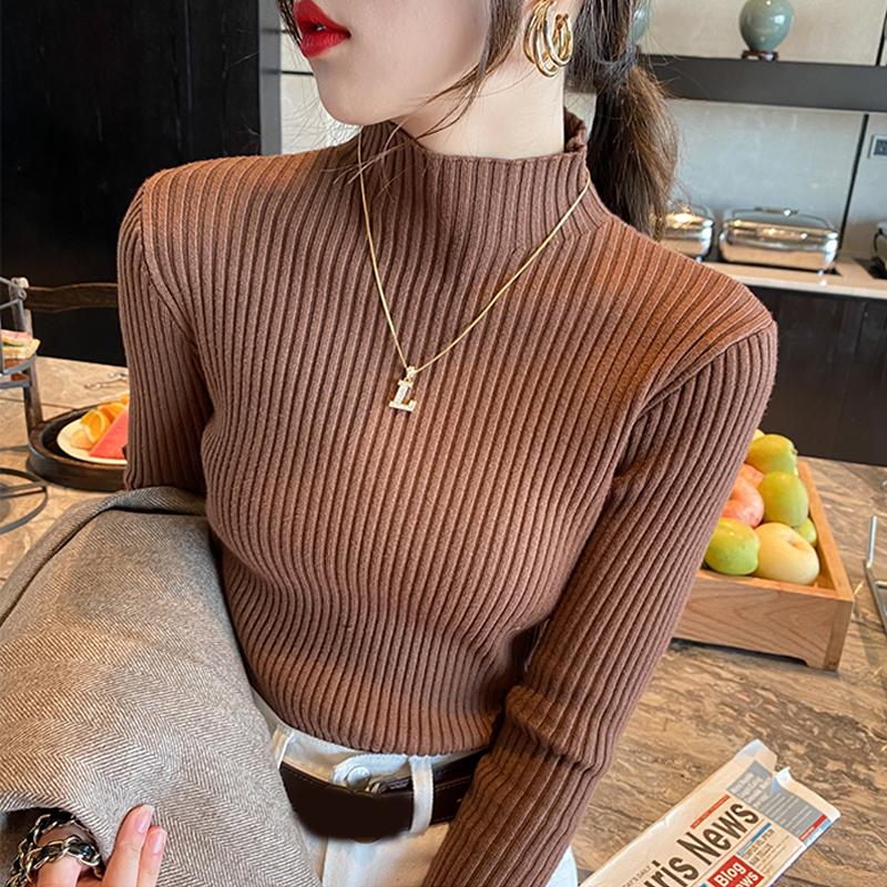 Autumn and Winter Half High Neck Knitted Sweater Women Fashion Solid Slim Long Sleeve Pullover Sweaters Women Tops Lady Elegant Knitwears Jumper 24842