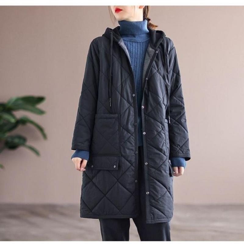 Damkoreanska Vinter Tjocka Långa Parkas Casual Bomullsvadderade Enkelknäppta Parkas Jackor Baggy Ultralätt Huva Stor Ficka Bomullsjacka