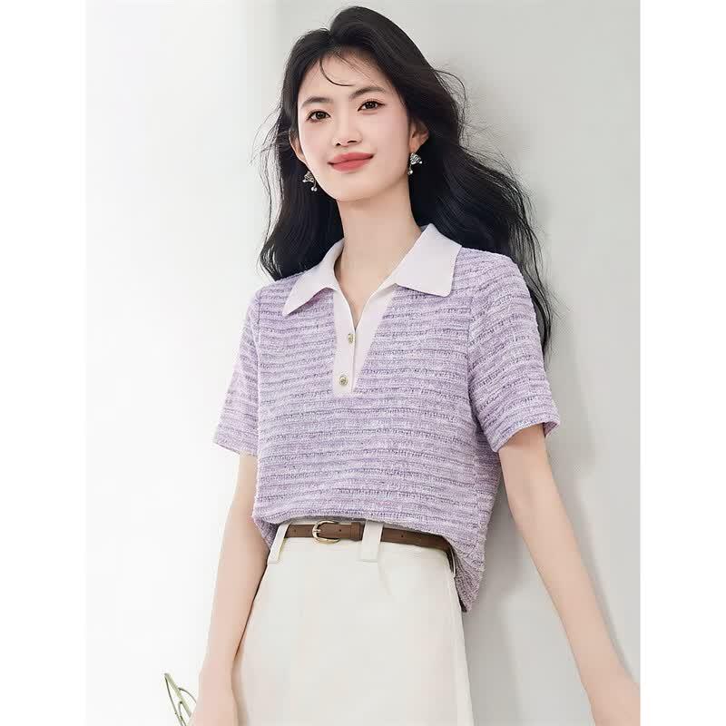 Women s Cropped Contrast Lapel Polo T-Shirt M