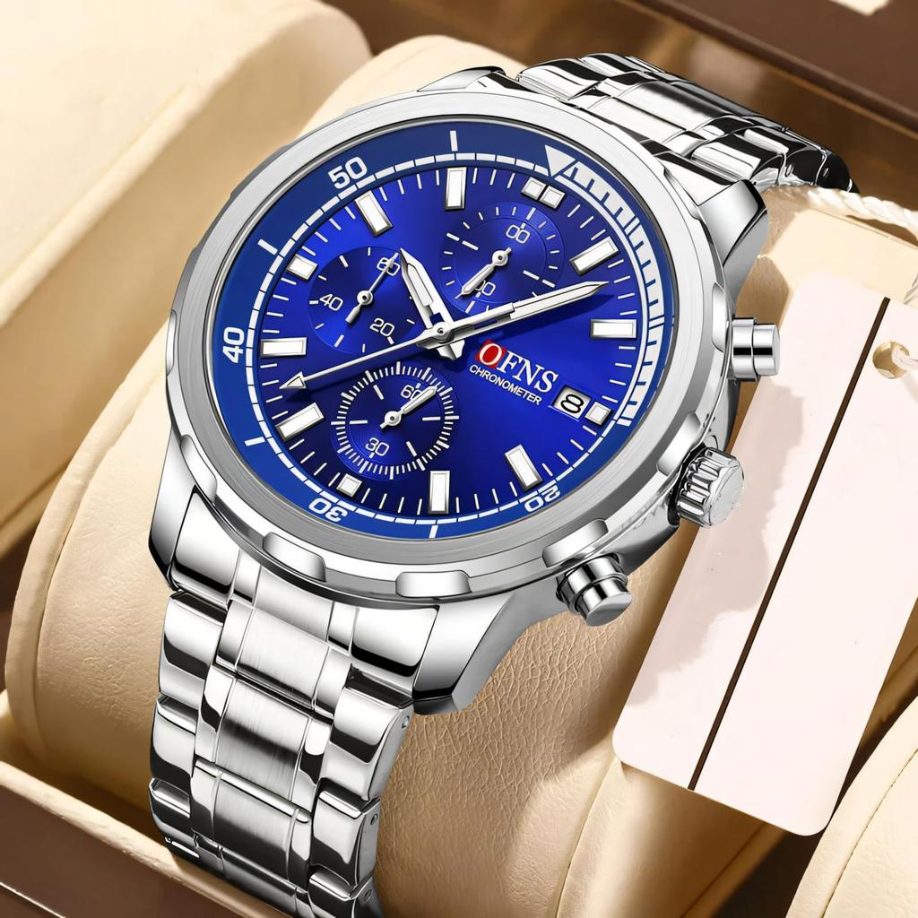 Men's Business and Leisure Watch with Three Eyes Six Needles Quartz Movement Night Light Display Waterproof Wristwatch