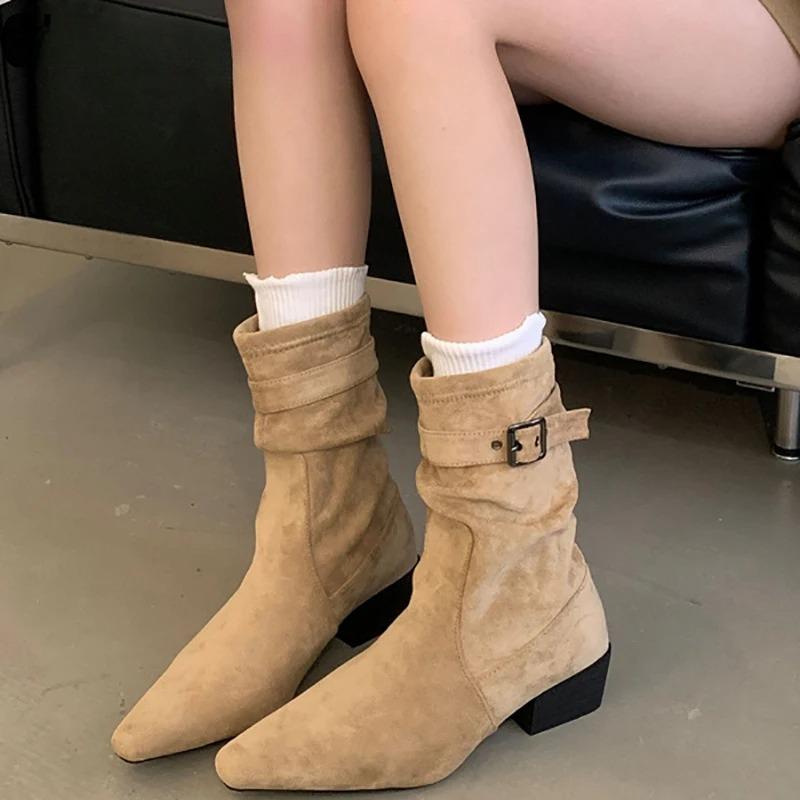 Autumn Winter Thick Heels Women Western Ankle Boots Fashion Pointed Toe Stripper Party Shoes Zapatos De Mujes