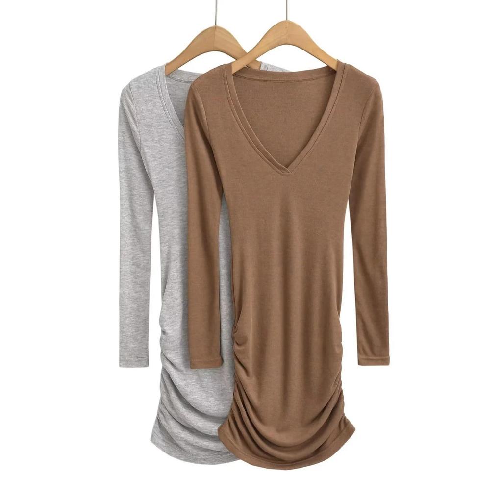 Petite V-neck Long-Sleeve Mini Dress - Autumn Collection, Pleated, Waist-Cinched, Slimming, Hip-Hugging Design