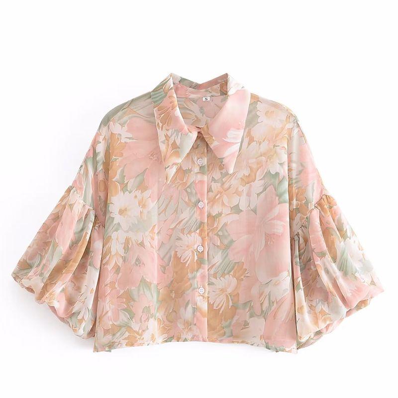 

Kaslead Women s Clothing Fashion Loose Puff Sleeve Shirt Flower color XS
