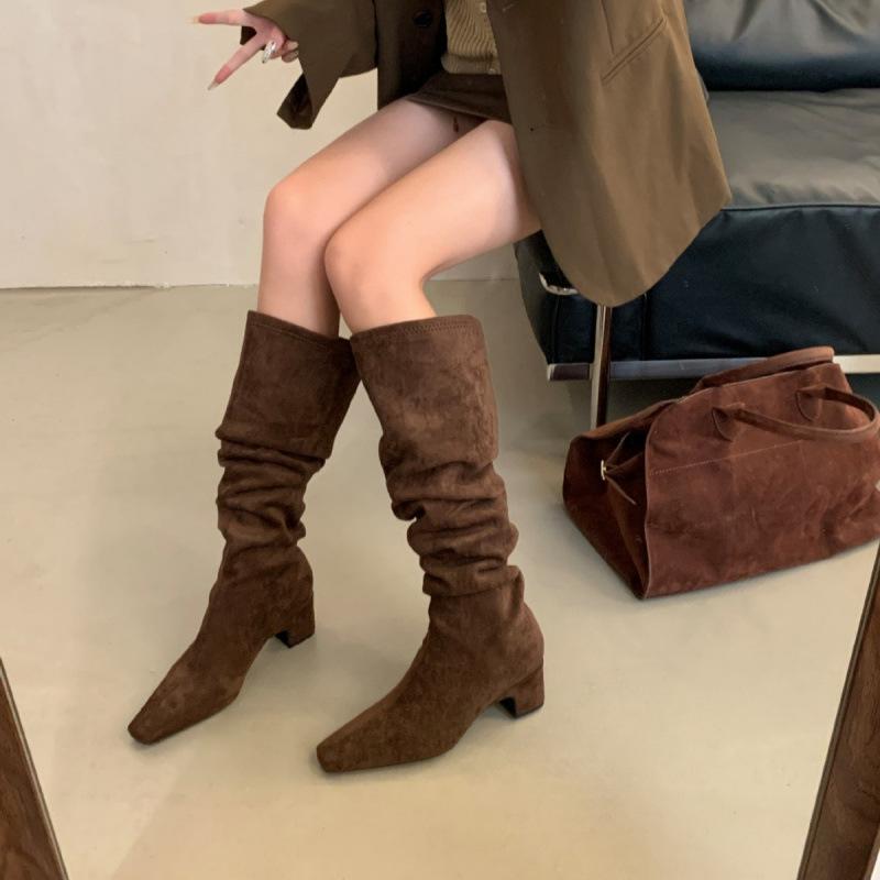 Thick heel retro knee boots women's shoes 2025 new autumn and winter stacking boots long knight boots