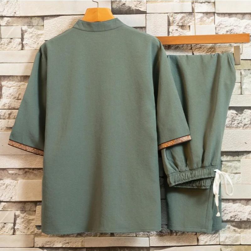 Summer Casual Set Men's Frog Button Hanfu Retro Streetwear Tang Suit T-shirt Crops Two-Piece Set