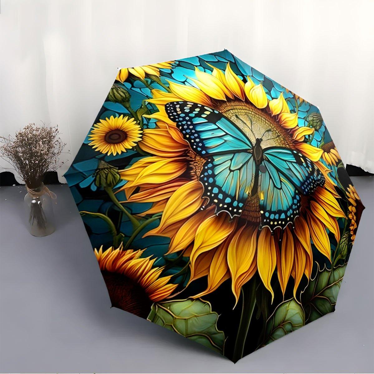 

Automatic Folding Umbrella A butterfly on sunflowers. Portable collapsible design, casual outdoor accessory, for all seasons, Iron&8K
