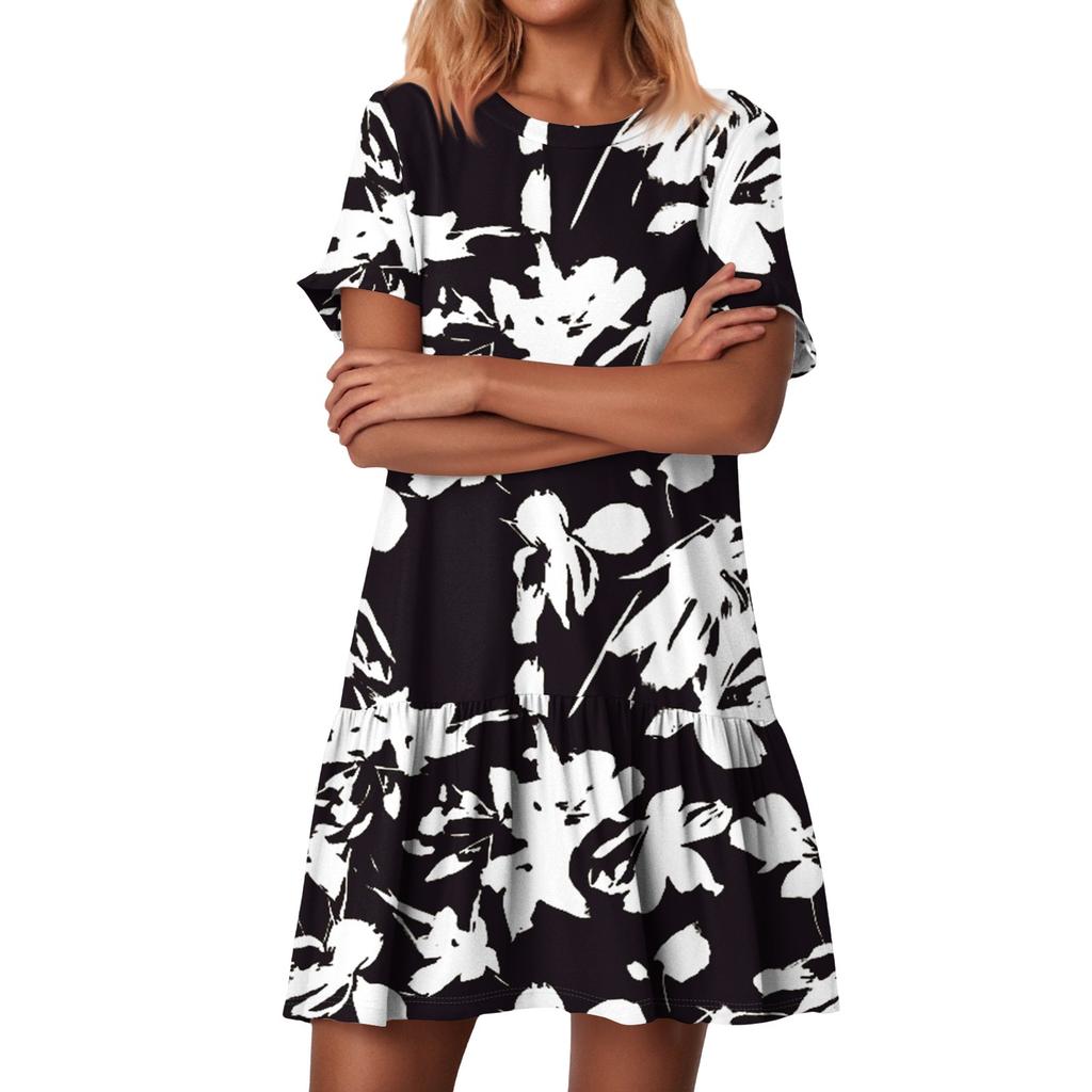 Women's Fashion Casual Round Neck Short Sleeve Ruffled Vintage Printed Dresses