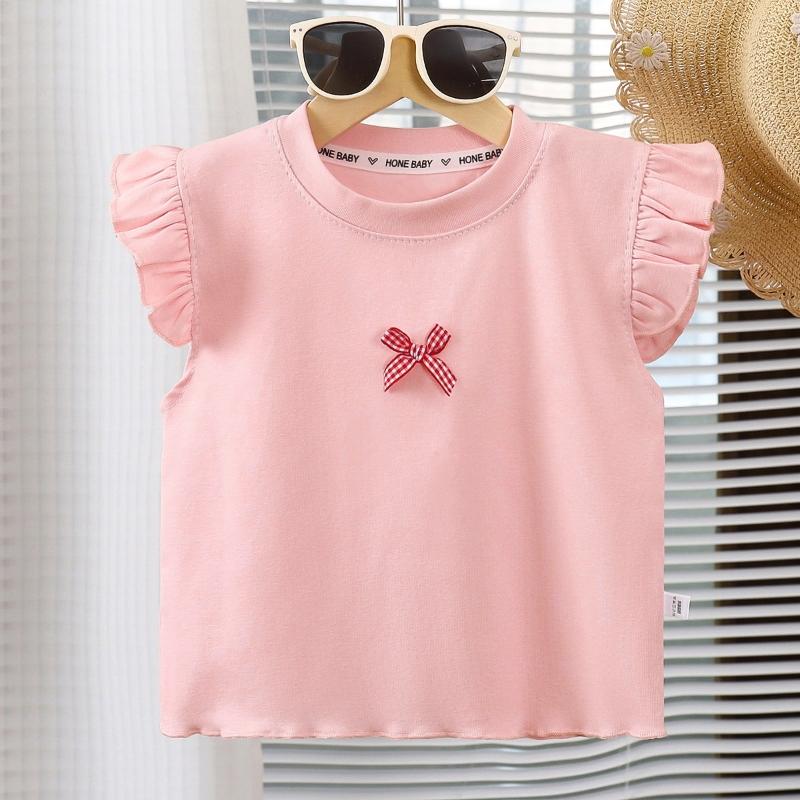 Toddler Flying Sleeve Top Summer Cotton Bow T-Shirts Casual Crewneck Vest Tops Basic Blouse Girls Clothes