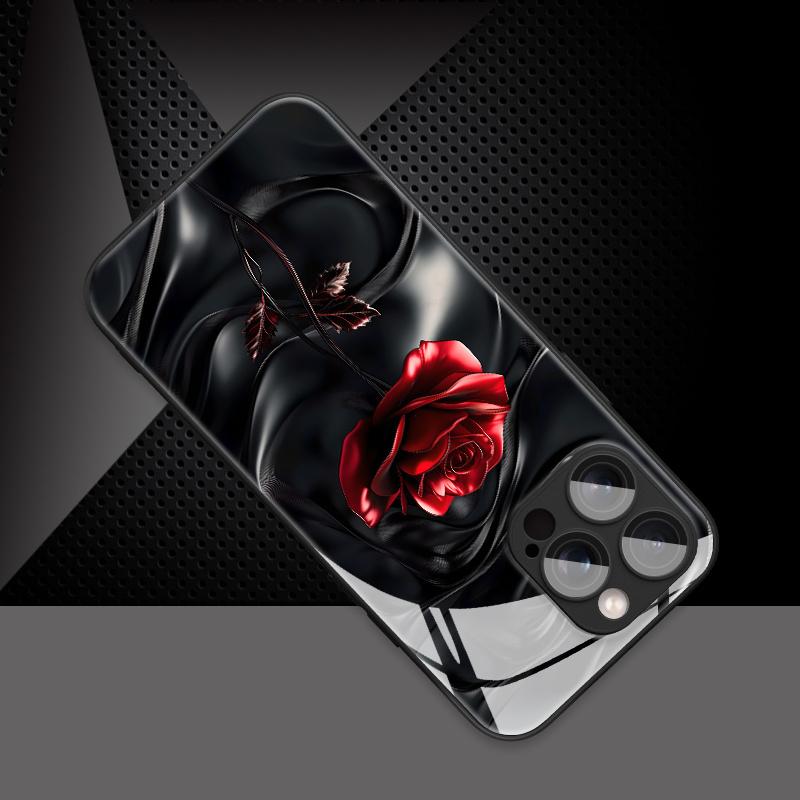 Red rose patterned glass phone case suitable for iPhone 17 16 15 14 13 12 11 Pro/Max/Plus anti drop and shockproof back cover