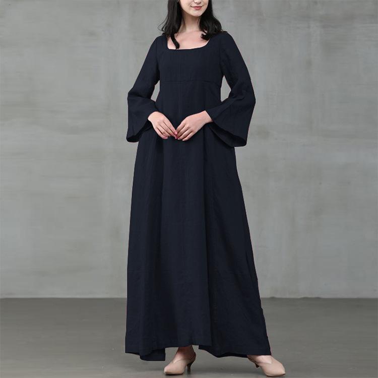 Women Autumn Retro Square Neck Maxi Dress, Long Flare Sleeve Loose Fit National Style Big Swing Hem Casual Long Dress