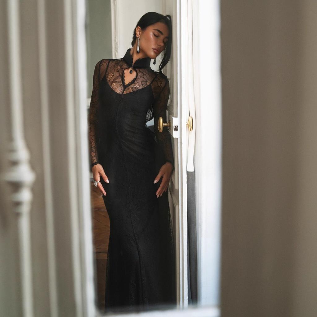 Women's New Fashionable and Sexy Lace Splicing Autumn and Winter Long Dress Slim Hollow European and American Dress Women