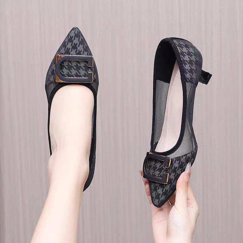 Fashion Women High Heels Pumps Pointed Toe Shallow Heels Women Chunky Heels Slip-on Office Work Shoes Women Fashion Mesh Designer Shoes