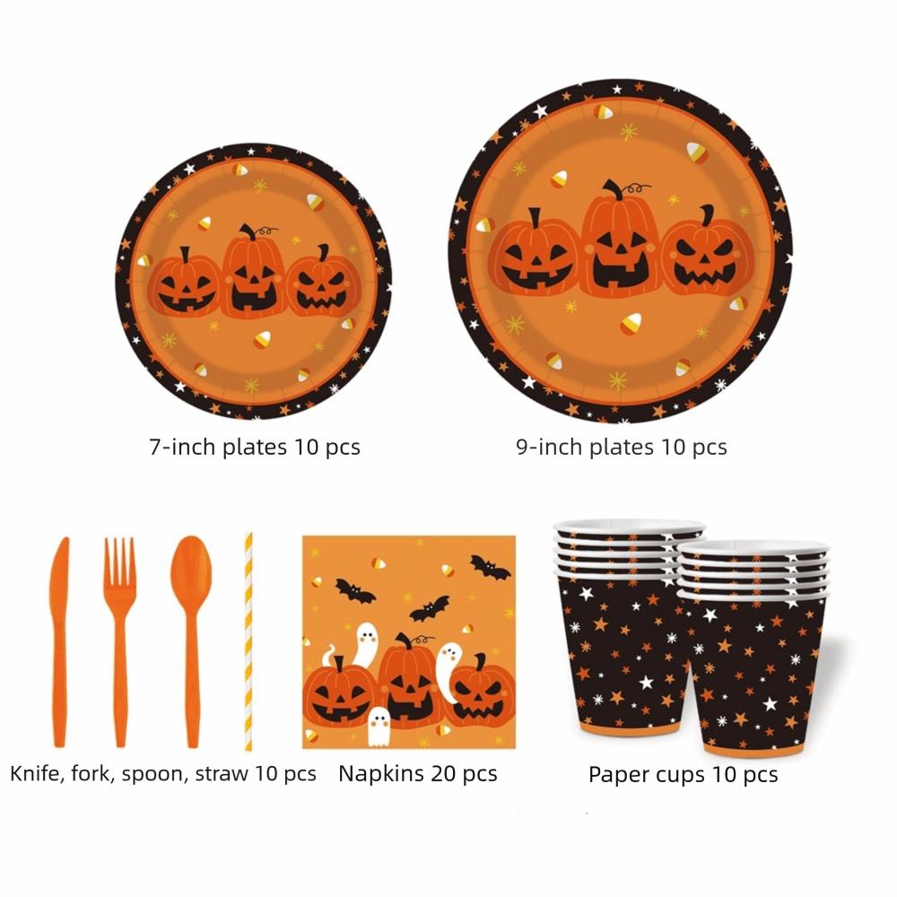 Pumpkin Pattern Disposable Plate Cup Set Decorative Disposable Utensils Set Home