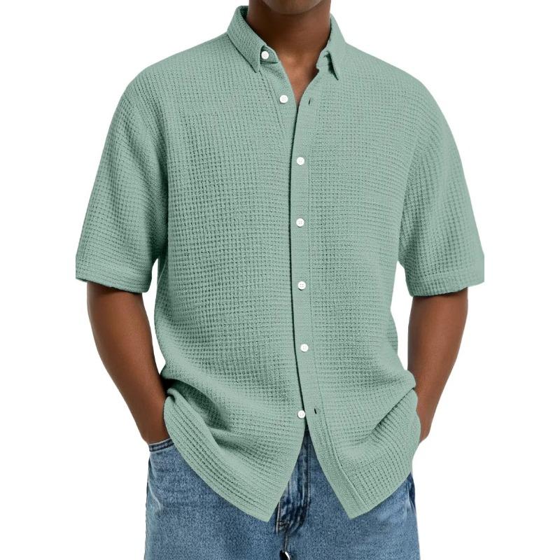 Men's Short-Sleeve Waffle-Knit Collared Shirt - Breathable Casual Button-Down Loose-Fit Top