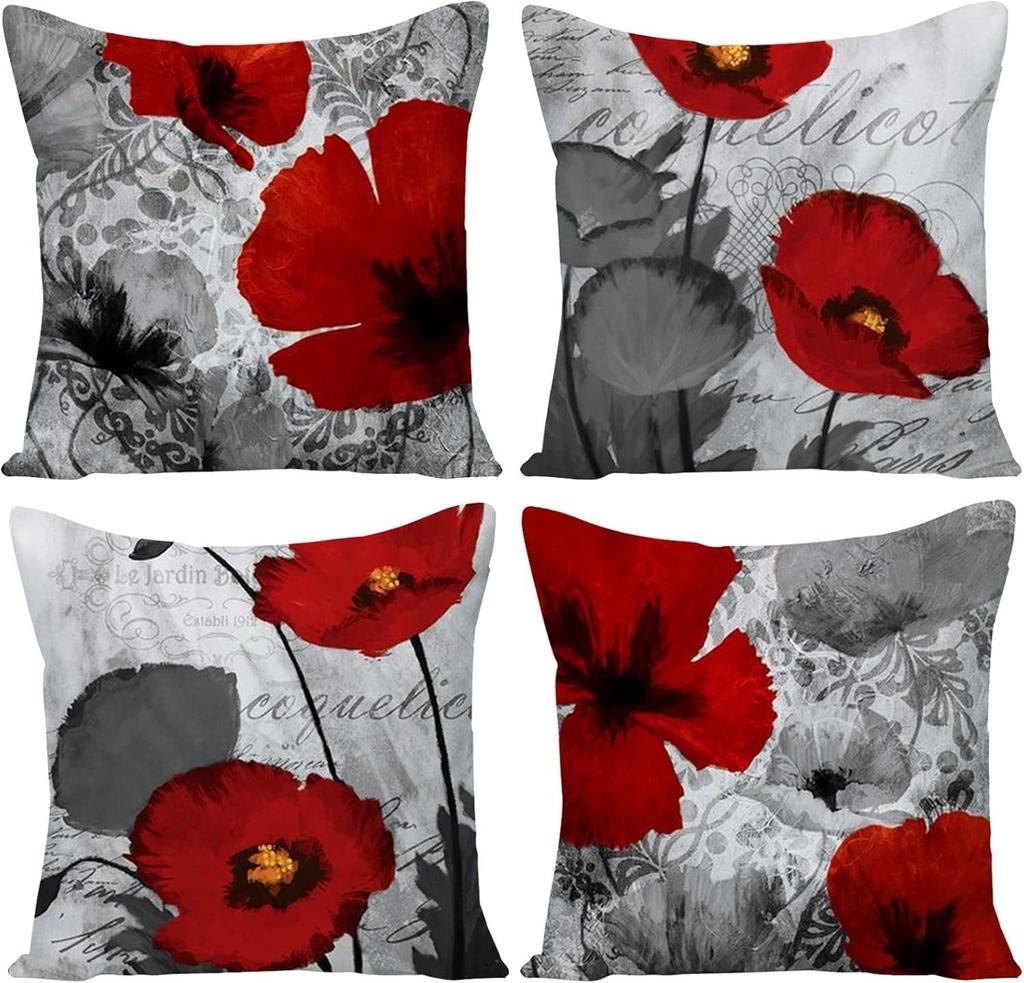 Red Gray Poppy Pillow Coversbedroom Sofa Decorative Cushion Cover With Zipper Soft Cushion Cover