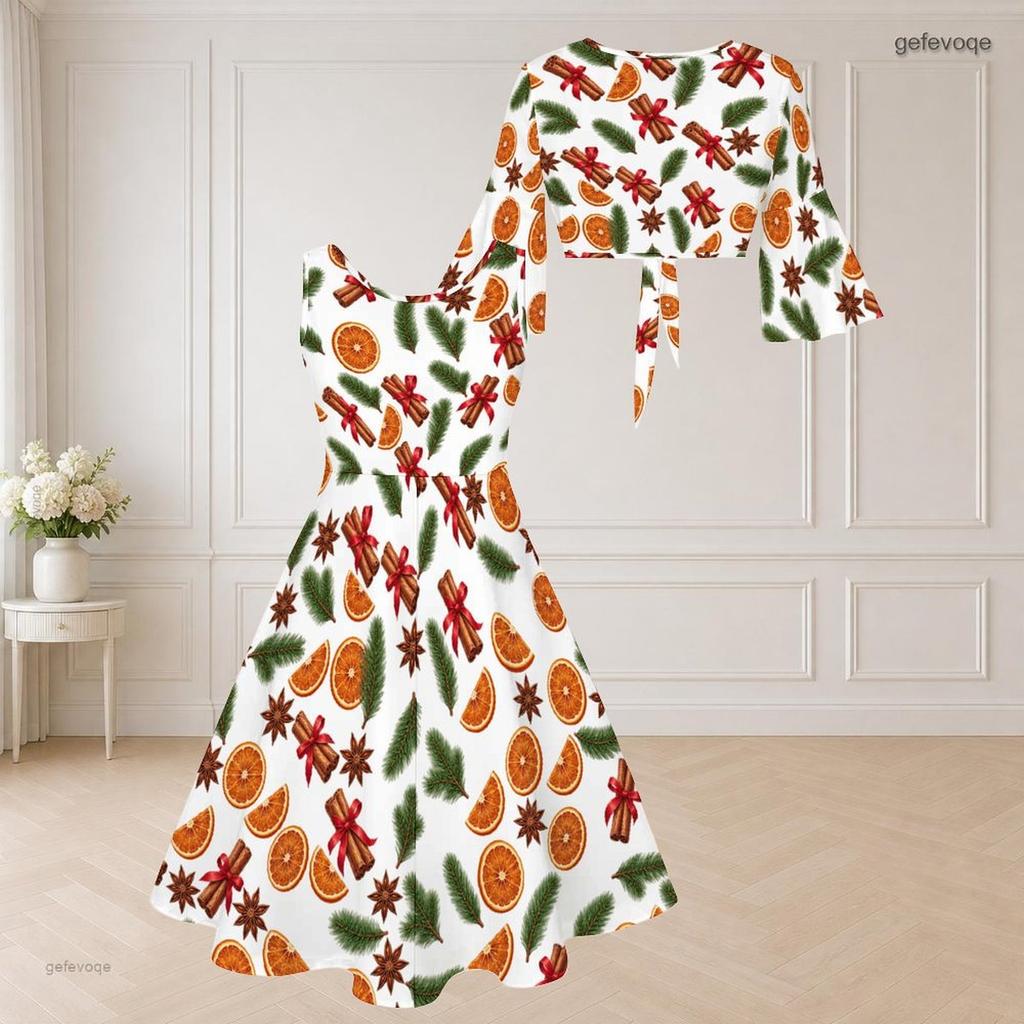 Women Plus Size Two Piece Midi Dress Set V Neck Half Sleeve Christmas Print White