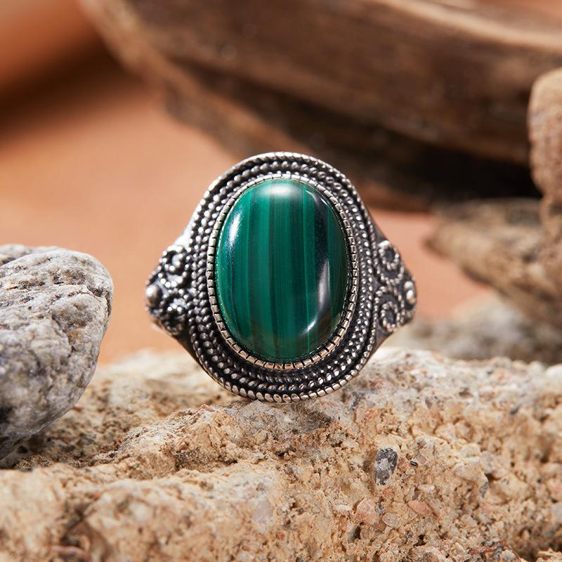 Personalized Retro Natural Colored Treasure Malachite Tiger Eye Blue Gold Gemstone Ring Women'S S925 Sterling Silver Index Finger Ring