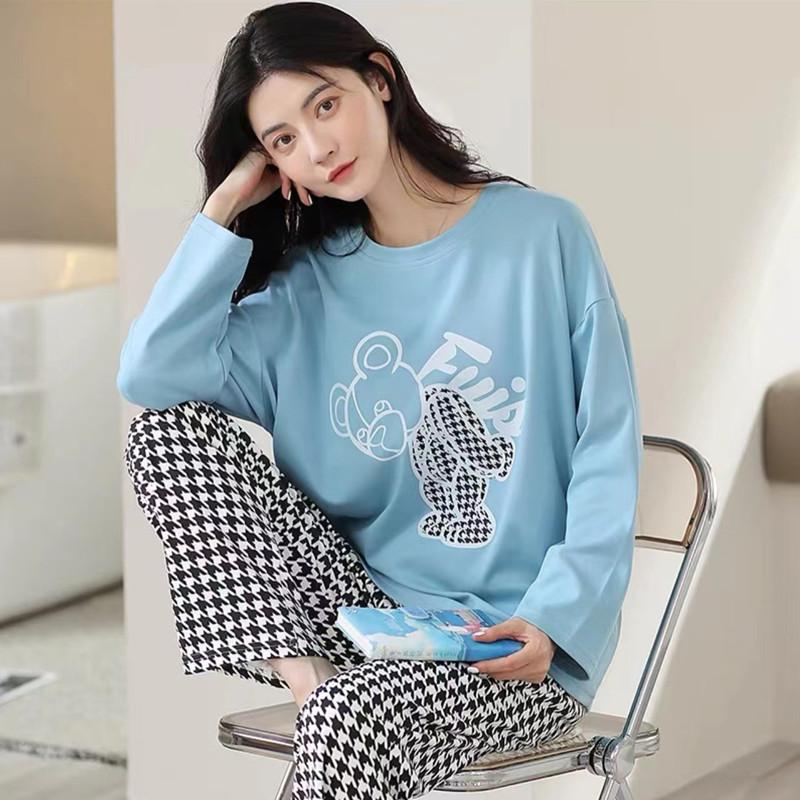 2Pcs/Set O-Neck Long Sleeve Mid-Rise Elastic Waistband Loose Pajamas Set Girls Cartoon Print Pullover Blouse Long Pants Set