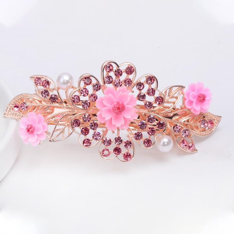 Clip de Primavera de Circonita Blanca Flor de Pedrería Brillante Clip Superior Clip Horizontal Elegante Adorno para el Cabello de Moda para Madres
