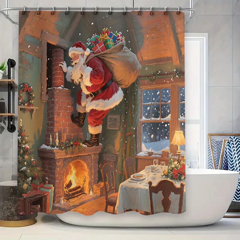 Santa Claus Climbing Chimney with Gifts Christmas Shower Curtain Festive Decor for Bathroom Christmas Party Home Accent