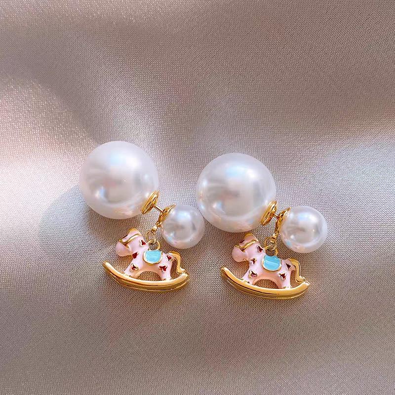 Silver Needle Drop Oil Cartoon Horse Pearl Stud Earrings for Women - Retro Contrast Color, Perfect for the Year of the Horse.