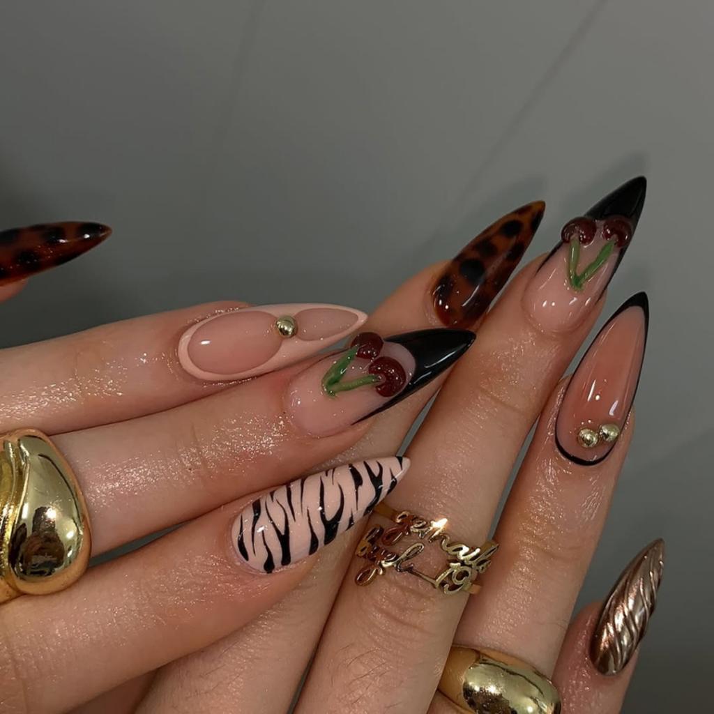 24 Stück Mandel-Press-On-Nägel mit Leopardenmuster und Mini-Blumen-French-Tips, Retro Süß Cool Acryl-Fingernägel