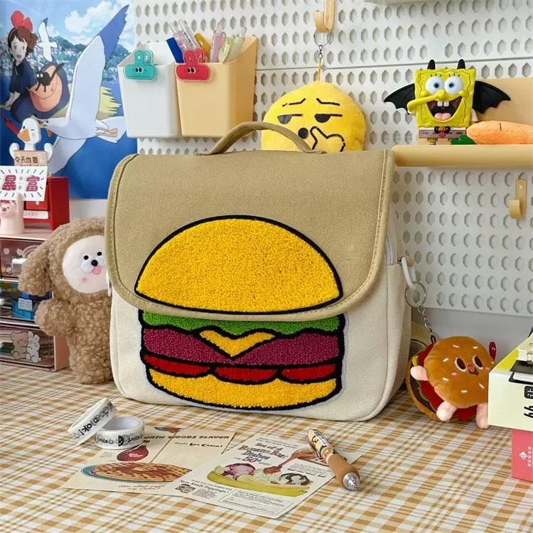 Cute Cartoon Hamburger Backpack With Flap Closure For Students And Daily Use