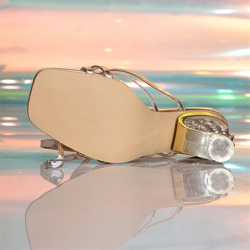 Mode Eilyken Sommer Kristall Runde Absätze Damen Sandalen Sexy Eckige Zehenpartie Schmaler Riemen Schnalle Party Gladiator Schuhe
