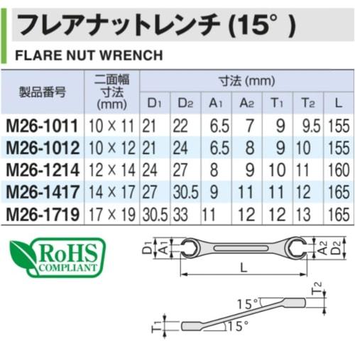 TONE Flare Nut Wrench (15°) M26-1011 Width Across Flats 10 X 11mm