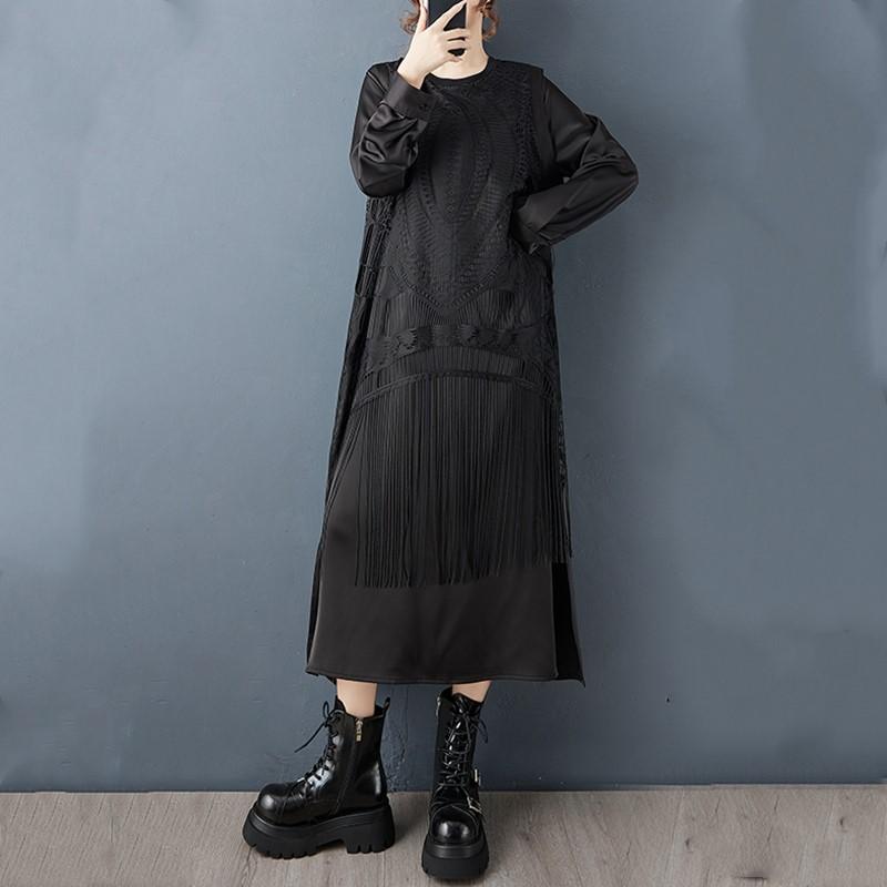 Long sleeve Plus size vintage Black new in dresses for women casual loose Spring autumn dress