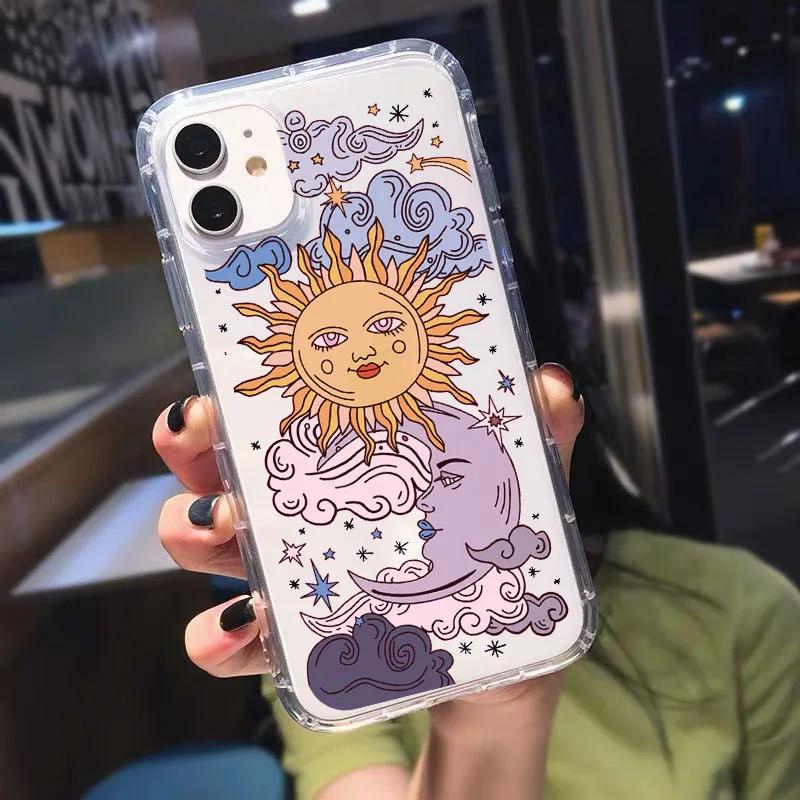 JAMULAR Fashion Art Sun Moon Clear Phone Case For iPhone 13 12 11 14 15 Pro XS MAX SE 7 XR Plus Shockproof Soft TPU Cover Coque
