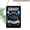 2D Flat, 1pc "GRAD! Class of 2026" Graduation Plaque - Black & Blue Graduation Decor Sign with Cap & Balloons, Black & Blue - Aluminium Wall Hanging