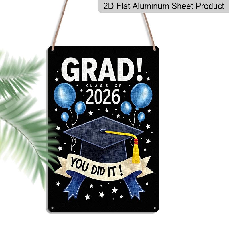 

2D Flat, 1pc GRAD! Class of 2026 Graduation Plaque - Black & Blue Graduation Decor Sign with Cap & Balloons, Black & Blue - Aluminium Wall Hanging 20*30cm