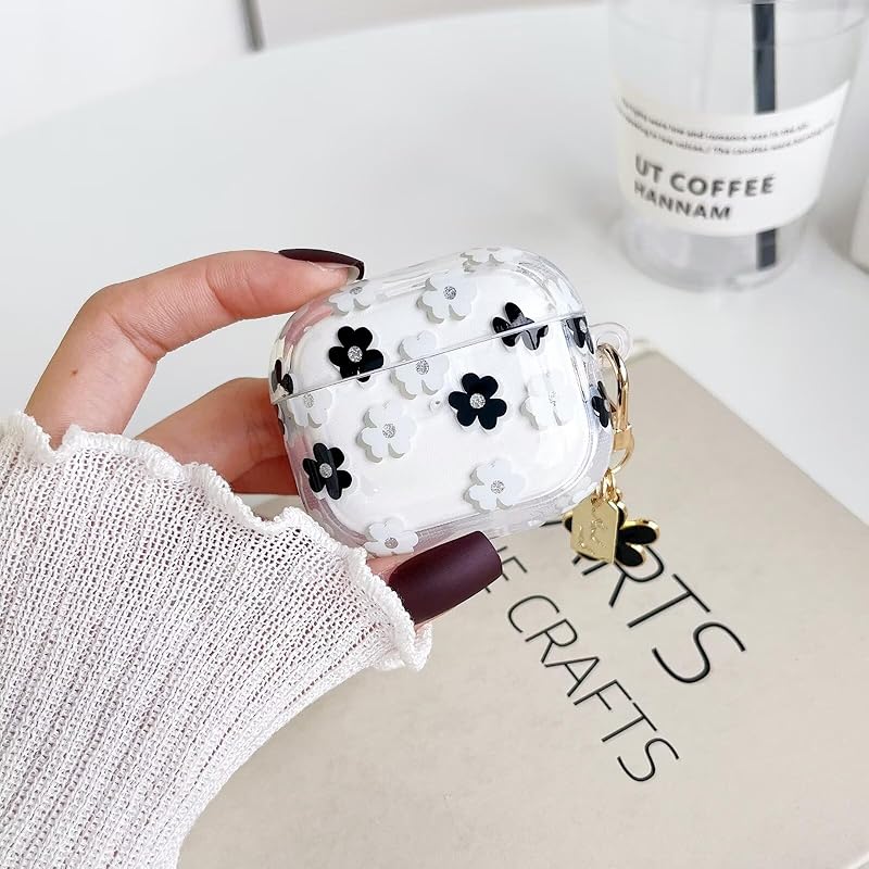 

TanMay Applicable Airpods 4 case clear silicone cute black white flower floral pattern design transparent case Fashionable pendant/keychain with cute