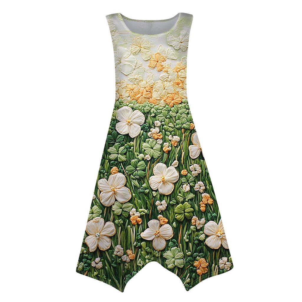 Women's Casual Fashion Round Neck Sleeveless Floral Print Irregular Hem Midi Dress